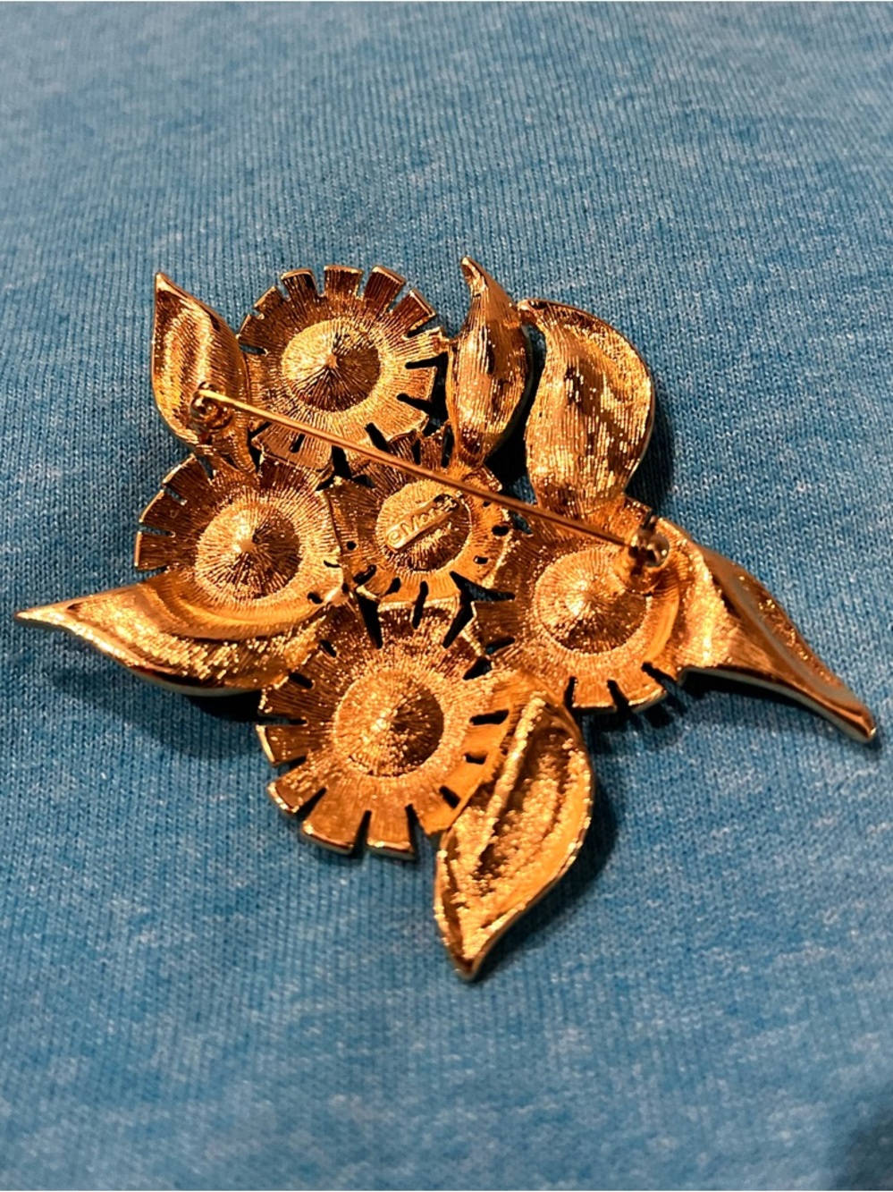 Monet Gold Floral Brooch with Pink, Yellow, Black, Orange and White Cabochons - Picture 3 of 3